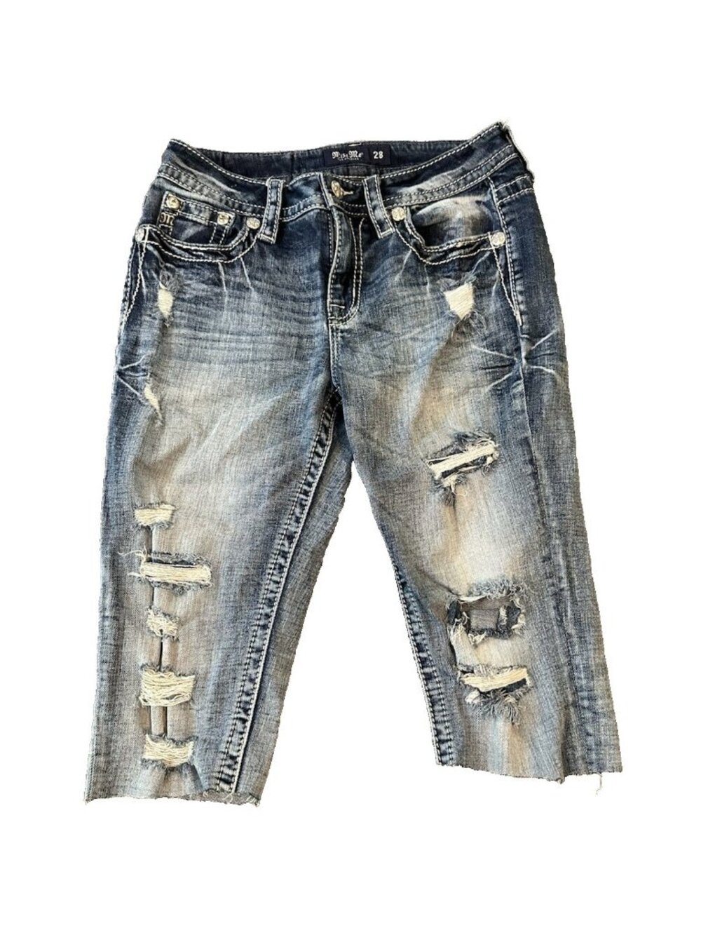 Miss Me Distressed Cropped Cut Off Jean Shorts 28 Embellished Star Flag Festival